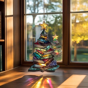Christmas Book Tree ACRYLIC Suncatcher, Book Lover Gift, Book Suncatcher, Librarian Suncatcher, Christmas Tree Suncatcher, Book Tree Hanging