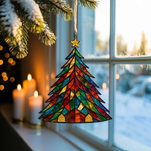 Christmas Tree Acrylic Suncatcher, Holiday Faux Ornament, Colorful Xmas Tree Sun Catcher, Window Hanging Christmas Decor