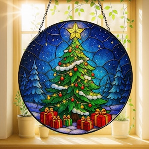 Christmas Tree Stained Glass Suncatcher with Star and Gift Boxes, Christmas Tree Suncatcher Ornament Acrylic, Festive Holiday Window Hanging