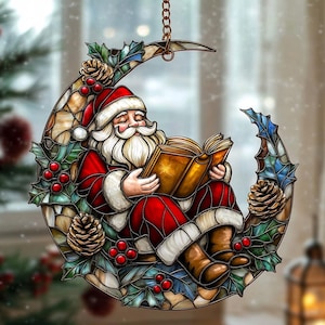 Santa Reading on Crescent Moon Faux Stained Glass Acrylic Suncatcher – Christmas Holiday Window Hanging Décor