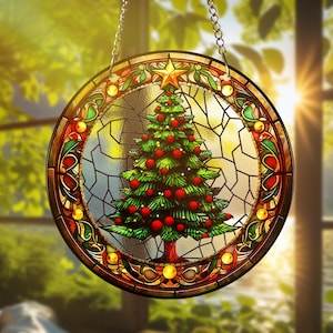 Christmas Tree Stained Glass Suncatcher Holiday Window Hanging Decoration Festive Xmas Gift for Home Christmas Tree Suncatcher Gifts Decor