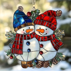 Snowman Couple Acrylic Stained Acrylic Suncatcher, Christmas Window Hanging, Winter Holiday Home Decor, Gift For Mom
