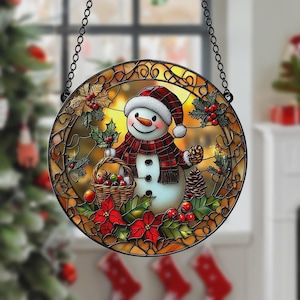 Snowman Acrylic Suncatcher And Ornament, Faux Stained Glass Christmas Window Hanging