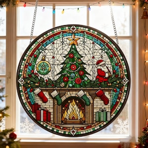 Stained Glass Christmas Tree Suncatcher, Christmas Suncatcher for Family, Couple, Friends, Personalized Holiday Gift, Christmas Window Decor