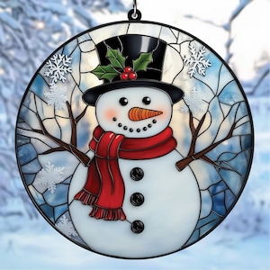 Christmas Snowman Acrylic Suncatcher – Faux Stained Glass Winter Holiday Window Hanging Ornament, Festive Home Decor Gift