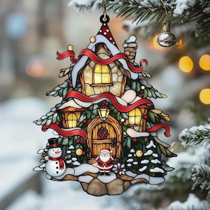 Christmas Tree Cottage Acrylic Suncatcher, Faux Stained Glass Window Hanging with Santa, Cozy Winter Holiday Home Decor, Christmas Tree Gift