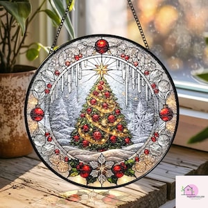 Sparkling Golden Christmas Tree Stained Glass Suncatcher: Holiday Window Decor Gift