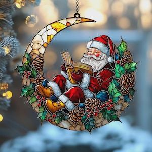 ACRYLIC Faux Stained Glass Santa Crescent Moon Ornament Suncatcher, Luminous Christmas Window Hanging With Holly Sprigs, Seasonal Home Gift