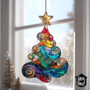 Christmas Tree Acrylic Suncatcher, Handmade Stained Glass Window Hanging, Festive Holiday Decor, Unique Xmas Sun Catcher Ornament Gift