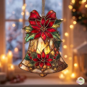 Christmas Bell Acrylic Suncatcher, Festive Holiday Window Hanging Decoration, Faux Stained Glass Ornament,Poinsettia & Holly Christmas Decor