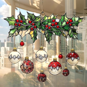 Holly And Ornaments Acrylic Suncatcher, Faux Stained Glass Christmas Window Hanging, Holiday Decor Gift For Festive Homes