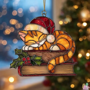 Santa Cat Christmas Acrylic Suncatcher, Cozy Holiday Window Hanging Decor, Cute Cat Lover Gift, Festive Faux Stained Christmas Ornament
