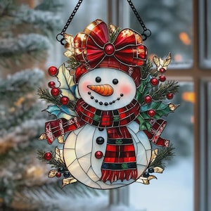 Snowman Acrylic Suncatcher and Ornament, Holiday Faux Stained Glass Window Hanging, Christmas Gift For Winter Lovers