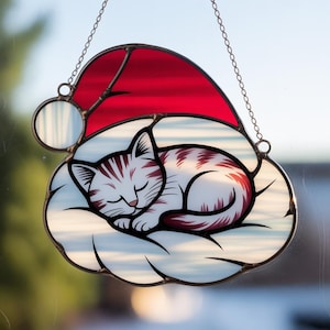 Sleeping Kitten Santa Hat Suncatcher, Christmas Cat Acrylic Window Hanging, Festive Pet Holiday Decor, Unique Cat Lover Xmas Gift