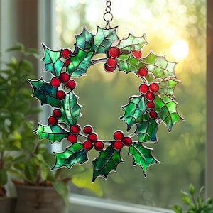 Christmas Wreath Acrylic Suncatcher Window Hanging – Holly and Berry Acrylic Decor, Christmas Suncatcher, Holiday Gift for Home