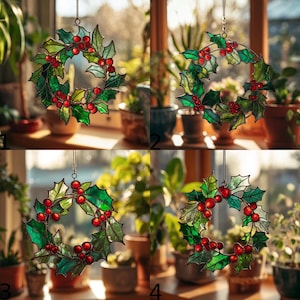 Christmas Wreath Acrylic Suncatcher Window Hanging – Holly and Berry Acrylic Decor, Christmas Suncatcher, Holiday Gift for Home