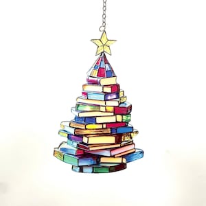 Book Christmas Tree Faux Stained Glass Acrylic Suncatcher, Colorful Holiday Window Hanging Decor, Gift for Book Lovers & Readers