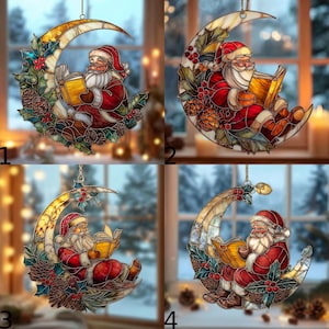ACRYLIC Faux Stained Glass Santa Crescent Moon Ornament Suncatcher, Luminous Christmas Window Hanging With Holly Sprigs, Seasonal Home Gift